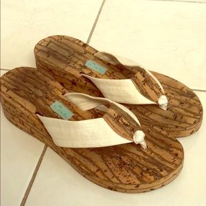 Tan wedge sandals by Eliza B.